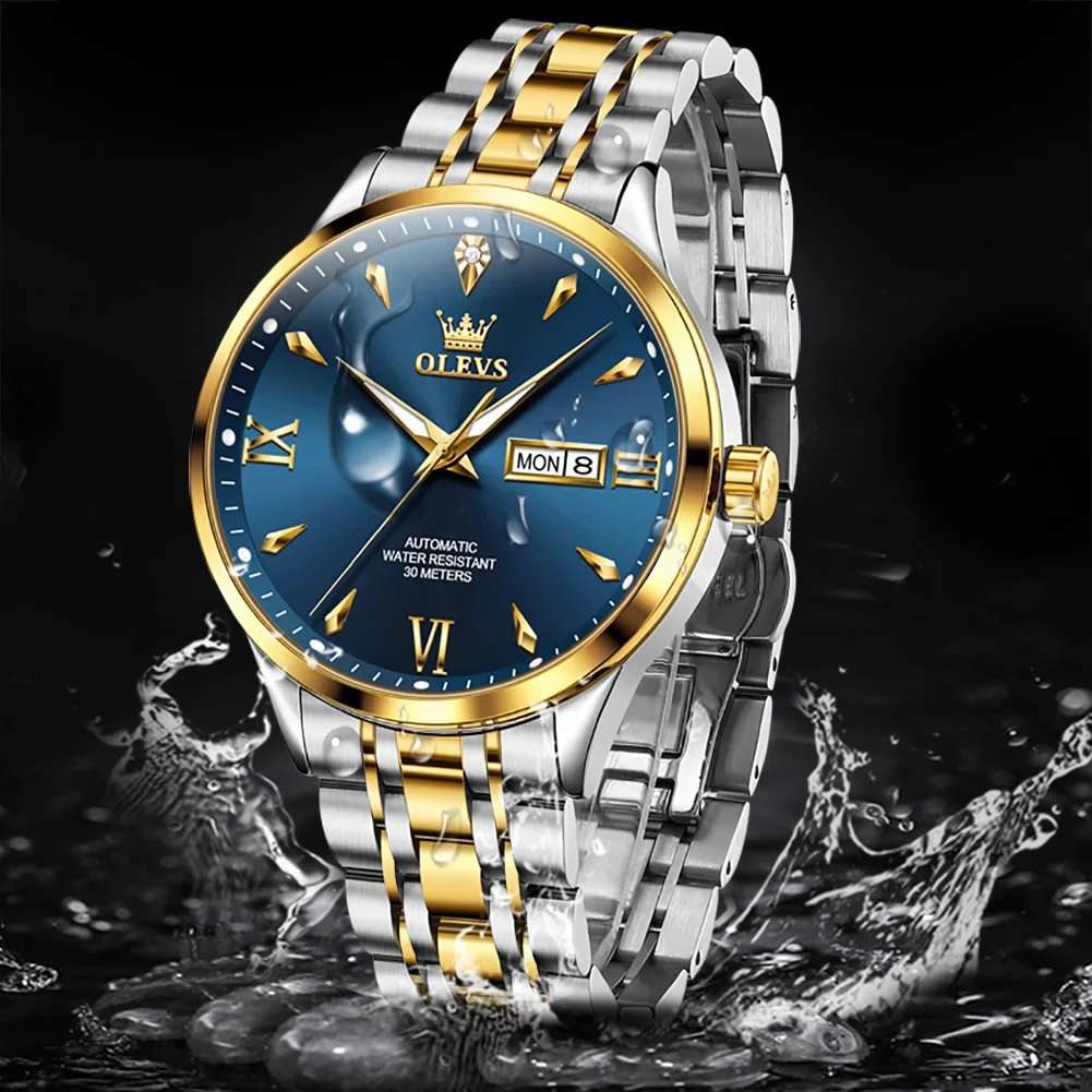 OLEVS New Business Mens Automatic Mechanical Watch Stainless Steel Waterproof Luminous Week Date Watch for Men Blue Wristwatch