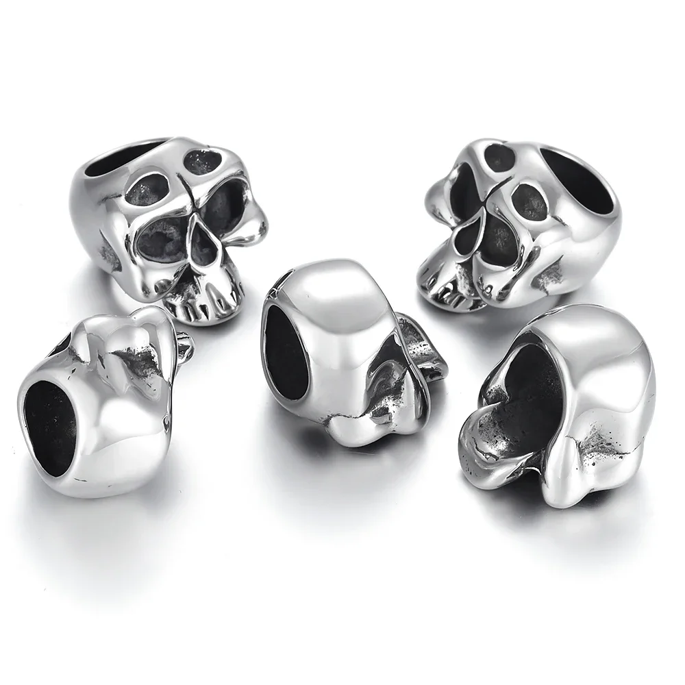 Stainless Steel Skull Beads Metal Spacer Large Hole 8mm Charm Slider DIY Men Bracelet Making Supplies Jewelry Findings
