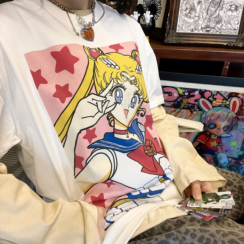 

Heavyweight 260G Sailor Moon Anime Cartoon ex ort Sve T-irt Couple Matching Loose Fit Summer Faion round Ne