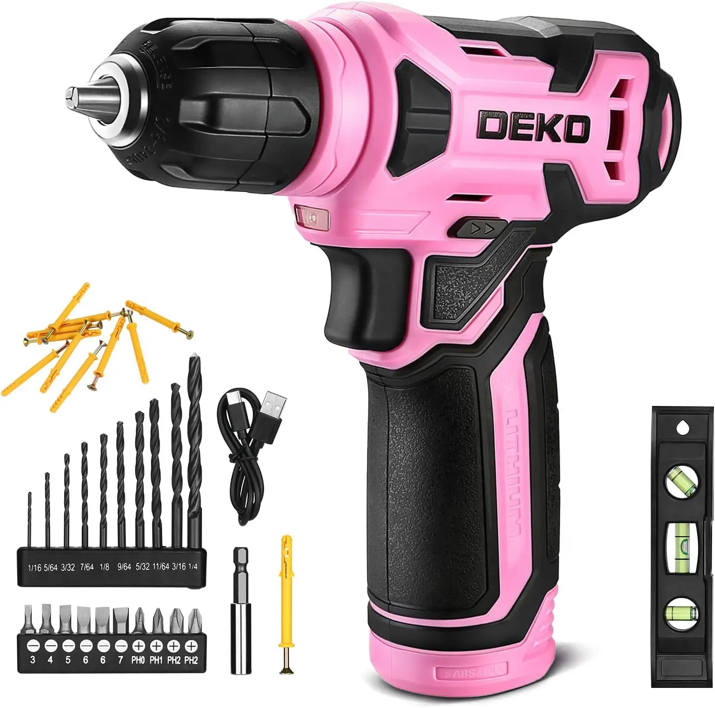 DEKO 8V Pink Cordless Drill, Drill Set with 3/8