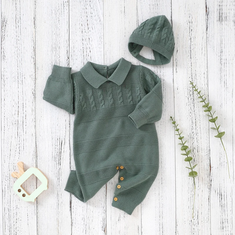 Autumn Baby Boys Rompers Clothes Winter Turtle Neck Long Sleeve Newborn Infant Cotton Knit Jumpsuits Hats Outfit Toddler Overall