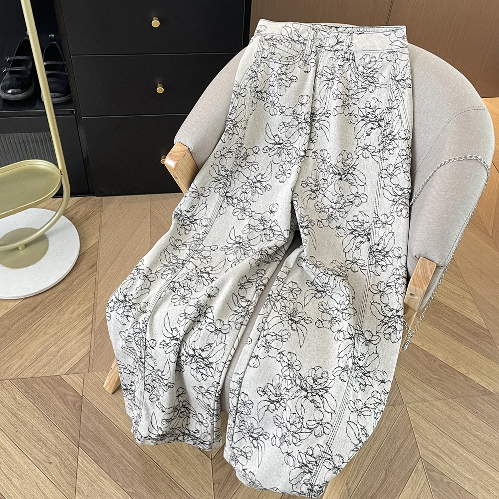 Korean Style Floarl Denim Pants Women Spring Summer High Waist Wide Leg Long Trousers Casual All-Match Full Jeans Streetwear