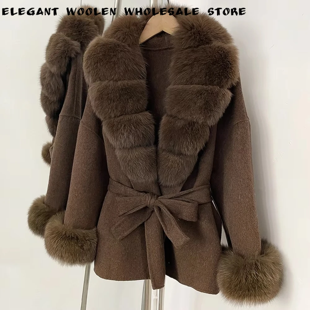 Short Fur Coat Women's Woolen Double Face Jacket Oversized Wool Coat Woman Belted Waist Belt Casual Warm for Fall Cold Season
