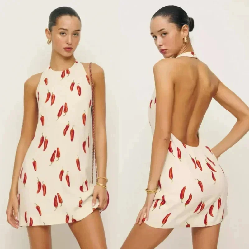 

Women's Red Chili Print Backless Halter Mini Dress Off Shoulder Sleeveless Dress Lady Vacation Outfits Summer Holiday 2024