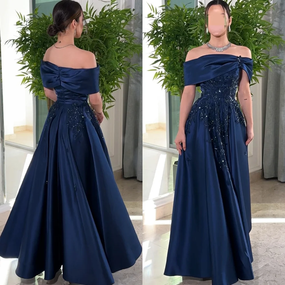 

Customized Sparkly Blue Satin Evening Dress Classic Off the Shoulder Celebrity Gowns Fashion Sweep Train Special Occasion Gowns
