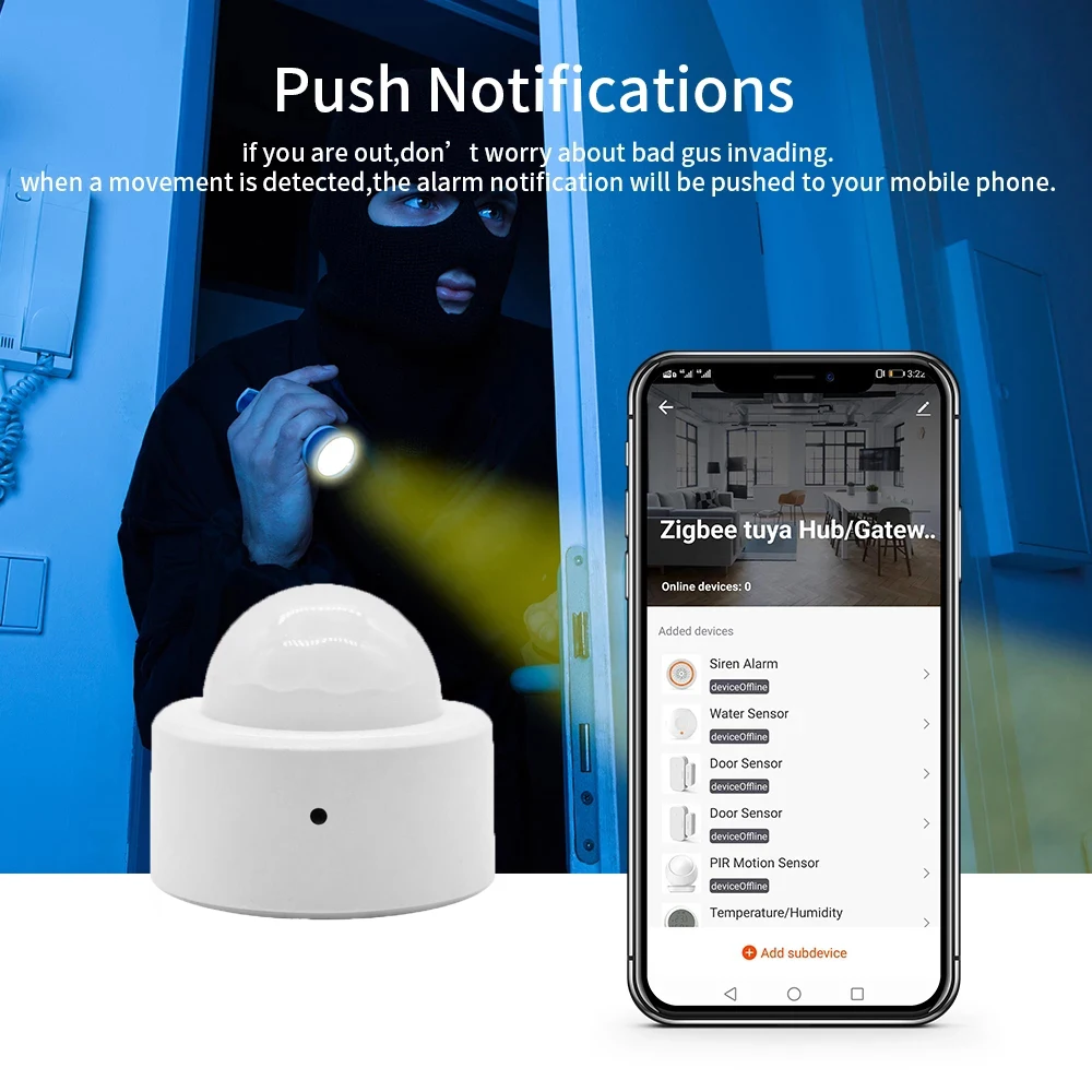 Беспроводной инфракрасный датчик движения Tuya ZigBee, детектор с сигнализацией, 2 в 1, с ярким освещением