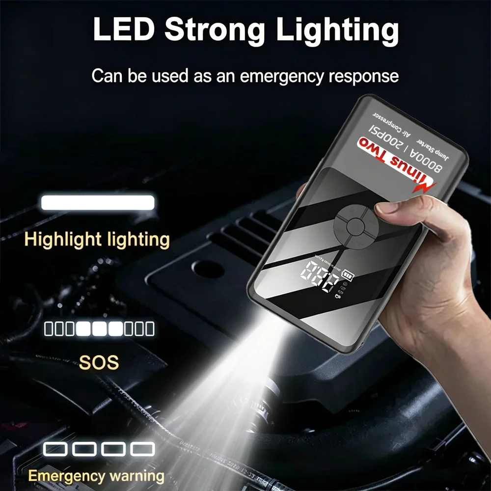 Latest Model High-Capacity Car Emergency Jump Starter with Built-in Tire Inflator, Portable Wireless Electric Air Pump