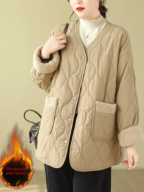 

Женская зимняя куртка из хлопка с вставками из овечьей шерсти, без воротника, в корейском стиле, утепленная, с длинными рукавами, V-образным вырезом