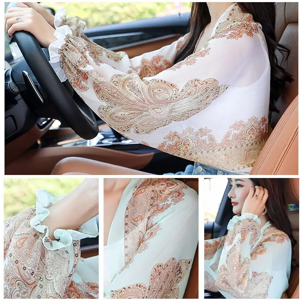 Printed Sun Protection Shawl For Women's Summer Outdoor Cycling Outerwear Oversleeves UV Resistant Chiffon Sun Protection Shawl