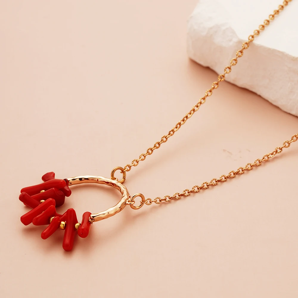 

Copper Metal Red Coral Pendant Necklace For Women Bohemia Cute Jewelry Ethnical Casual Party Christmas 2024 New In Trending Y2K