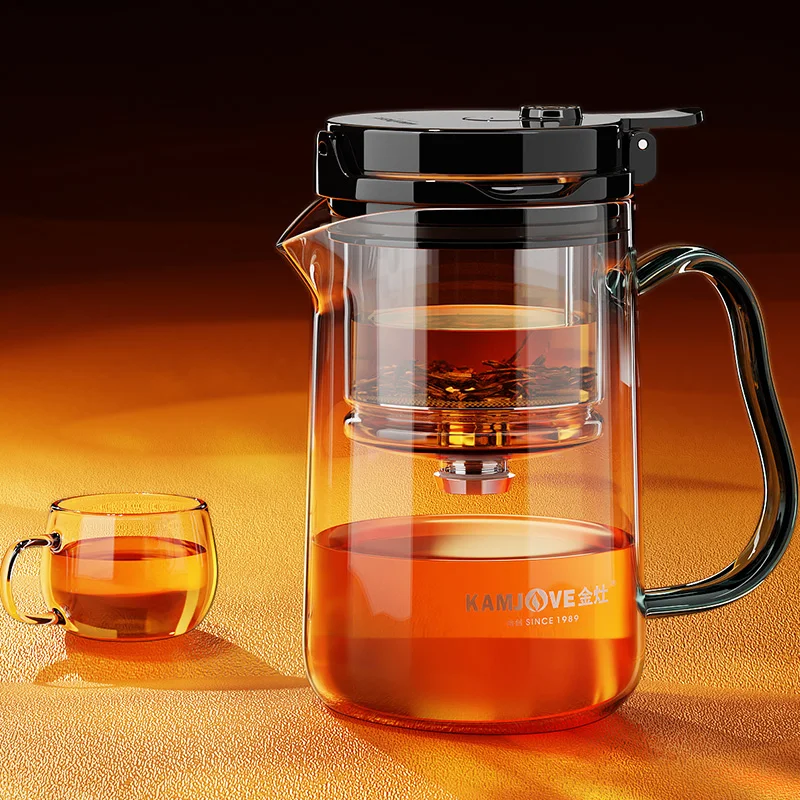 KAMJOVE High‑borosilicate Glass Tea Pot 500ml, One‑Piece All‑Glass Inner Liner, One‑Touch Filter Tea‑Water Separation Tea Maker