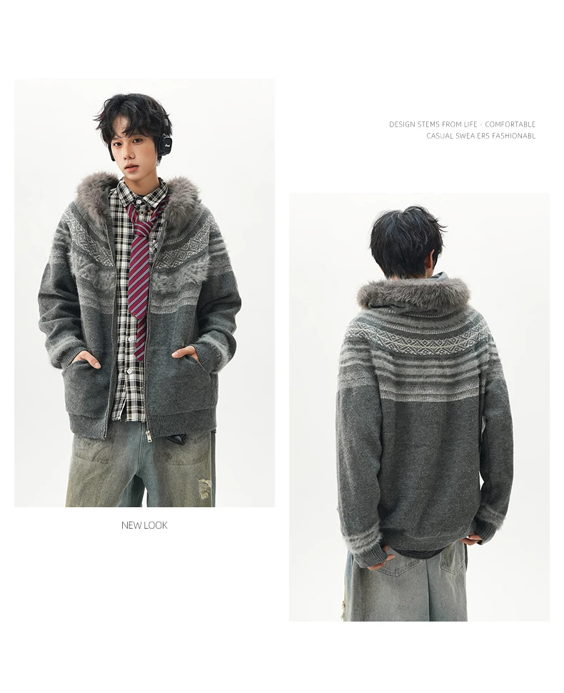 2025 New American Retro Autumn Winter Sweater Stylish Men's Youth Trendy Hooded Knitted Cardigan Jacket Couple Matching