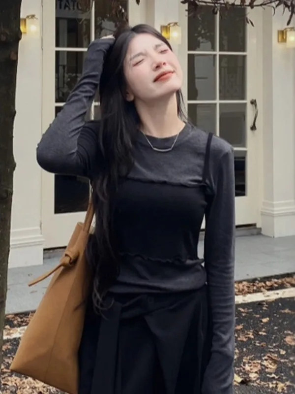 

Женская корейская футболка большого размера, удлиненная, приталенная, базовая, осенняя новинка, для повседневной носки, с круглым вырезом