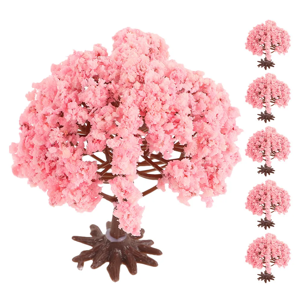 6Pcs Lifelike Cherry Blossom Tree Miniature Decor for Sand Table Mini Garden Desk Decoration Artificial Cherry Blossom Tree