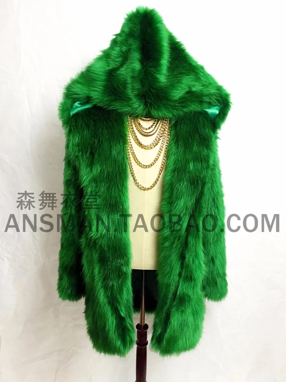 Winter Women And Men New Slim DJ Singer Coat Male Fashion Beyonce Green Imitation Fox Fur Long Hooded Jacket Costumes Plus Size