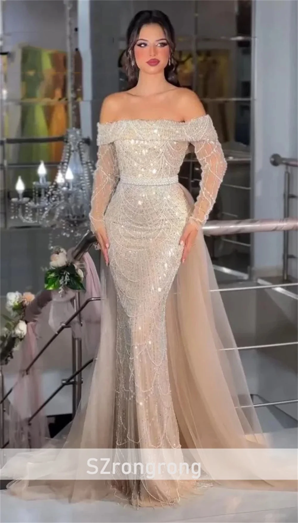 Vestidos de 럭셔리 보트 칼라 페르시 반짝 이는 사우디 드레스 분리형 기차 섹시한 인어 백리스 긴 소매 맞춤 제작