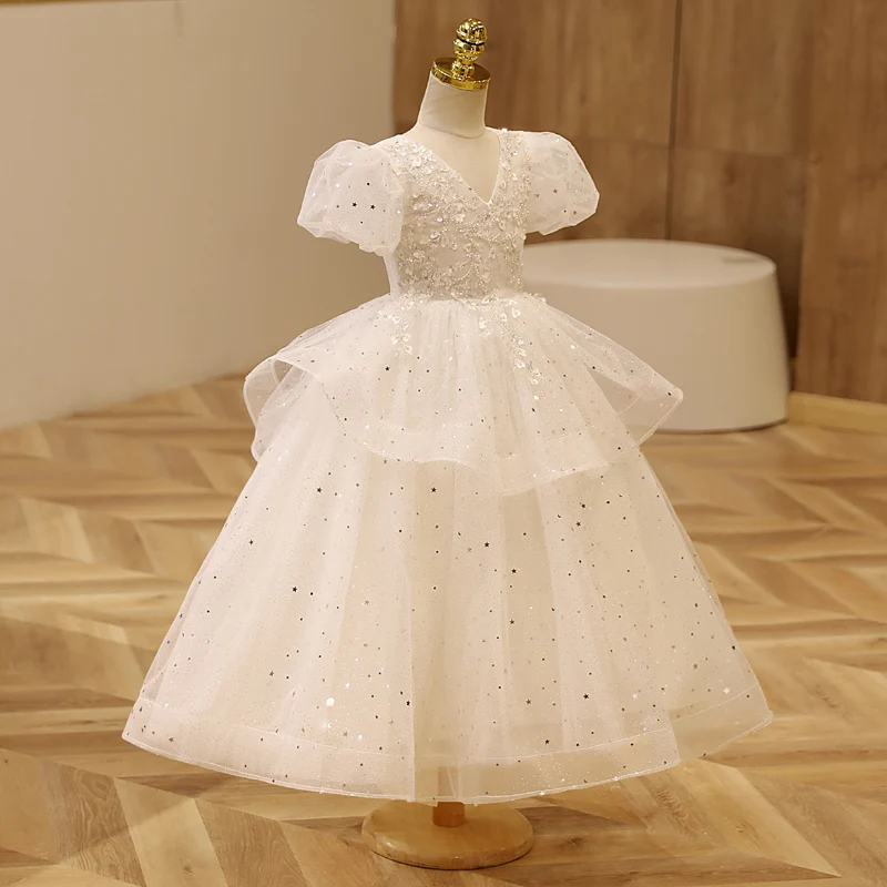 Robe de demoiselle d'honneur à manches bouffantes pour enfants, col en V, paillettes brillantes, robes de fête d'anniversaire, tulle à plusieurs niveaux, robe de Rhlongueur rinçage, 2023