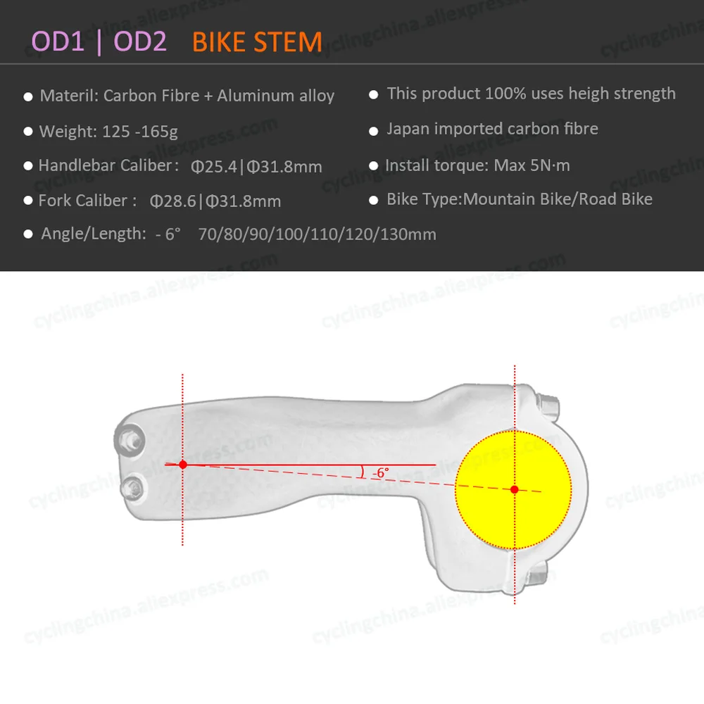 No Logo 3K Gloss/Matte Carbon Bike Stem -6 Degree OD1/OD2 Road/Mountain Bike Riser Handlebar Clamp 25.4/31.8mm Bicycle Parts