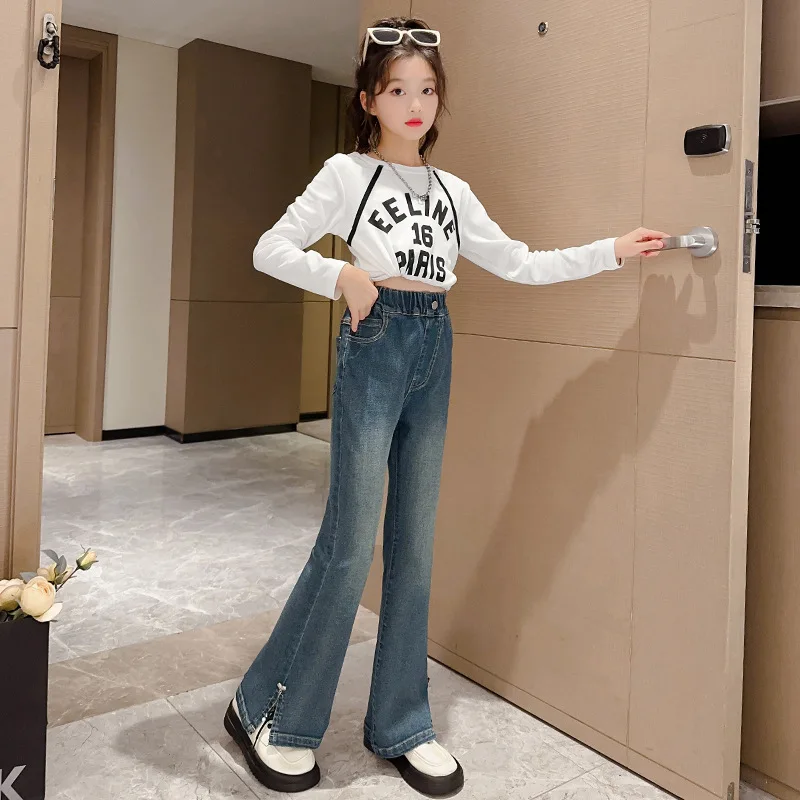 Fashion Flared Jeans for Girls Spring Autumn Children\'s Clothing Casual Skinny Denim Trousers Korean Style Teen Denim Pants
