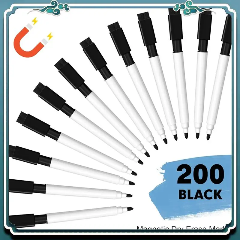 

Простые в использовании 200 шт. магнитные маркеры для сухого стирания, маркеры для белой доски с тонким наконечником и колпачком-ластиком, для школы, офиса, дома (черный) E