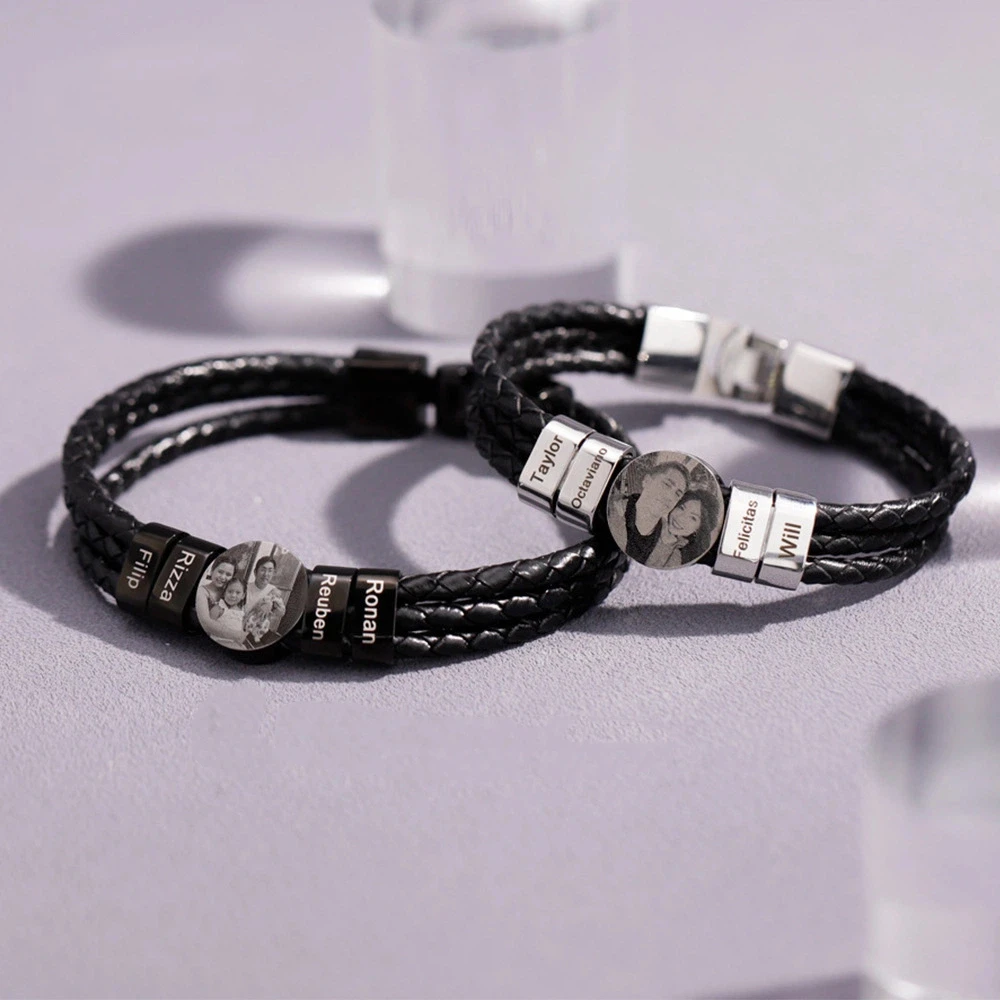 

Personalized Leather Bracelet for Men - Custom Name & Photo Engraved Charm with Braided Rope Cuff