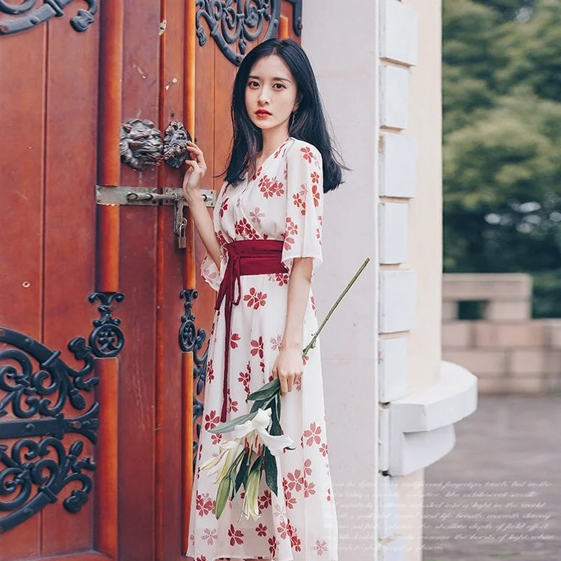 Hanfu-vestido Floral de estilo chino Vintage para mujer, vestido superajustado de gasa de manga corta para primavera y verano, novedad de 2022