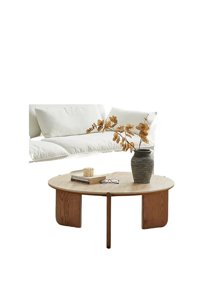 

Travertine rock slab round coffee table small apartment designer high sense solid wood living room surprise quiet wind small tea