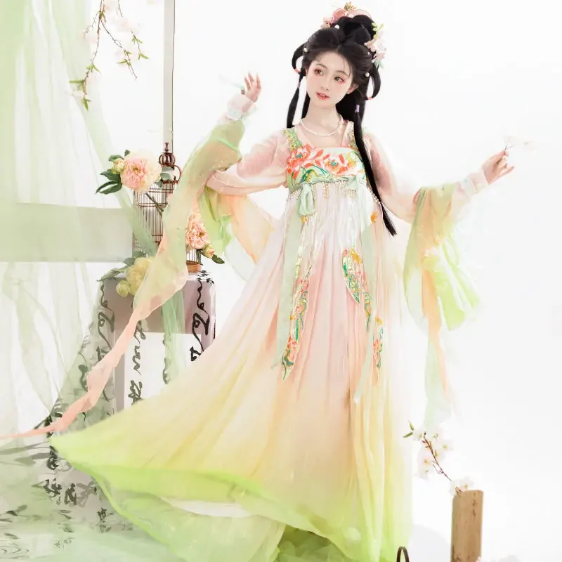 Spring Tang Dynasty Fairy Cosplay Hanfu Dress Suit Women's Clothing Sweet Floral Embroidery Pearl Tassel Dresses Plus Size 2xl