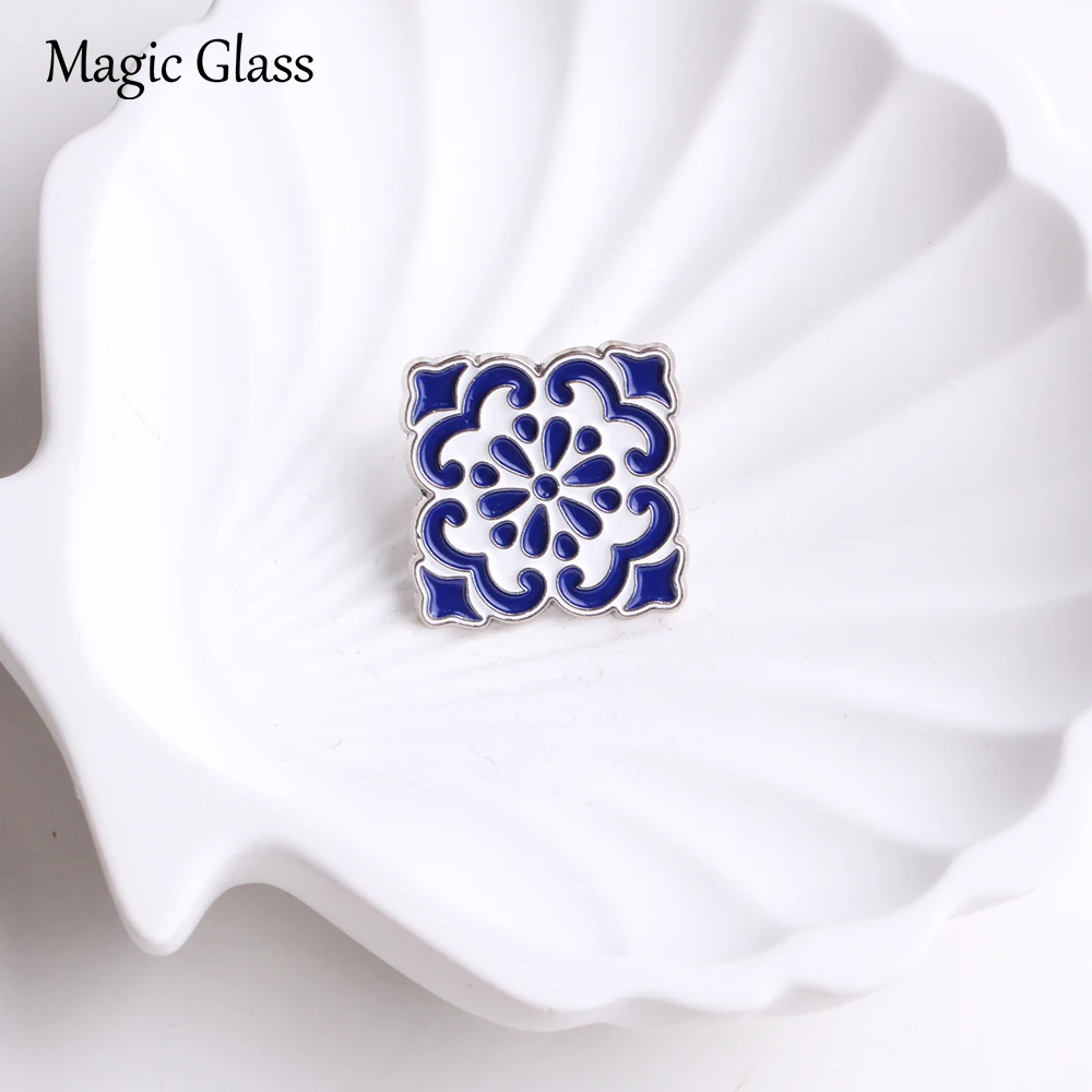 Blue White Floral Tile Enamel Pin, Vintage Portuguese Azulejo Style Flower Lapel Brooch, Retro Art Badge Backpack Clothing Decor