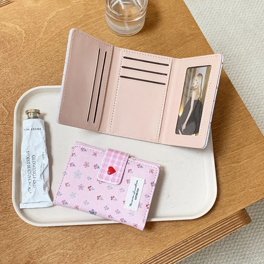 New Floral Coin Purse Heart Snap Button Large Capacity Card Holder Portable Multi-layer Trifold Wallet