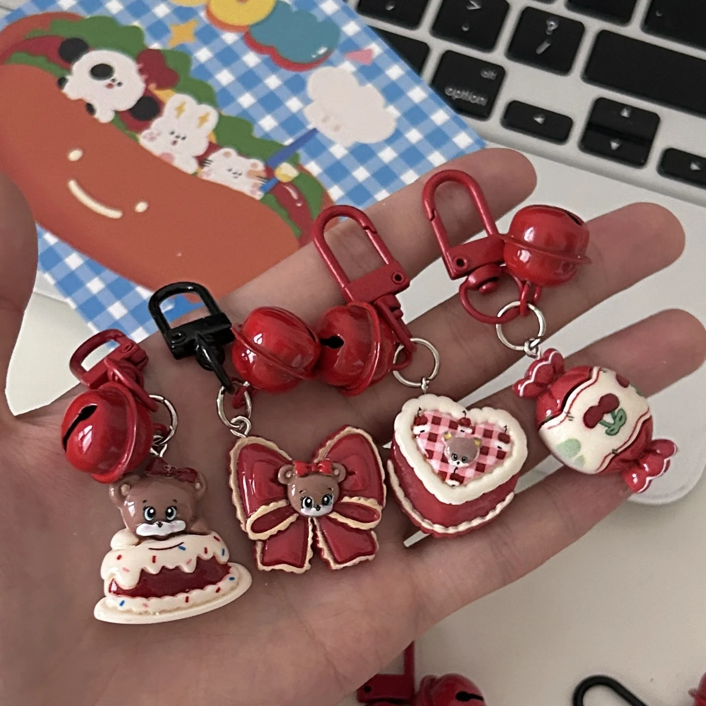 Cartoon keychain retro berry red cute little bear cake cherry bell pendant couple best friend soft cute accessory