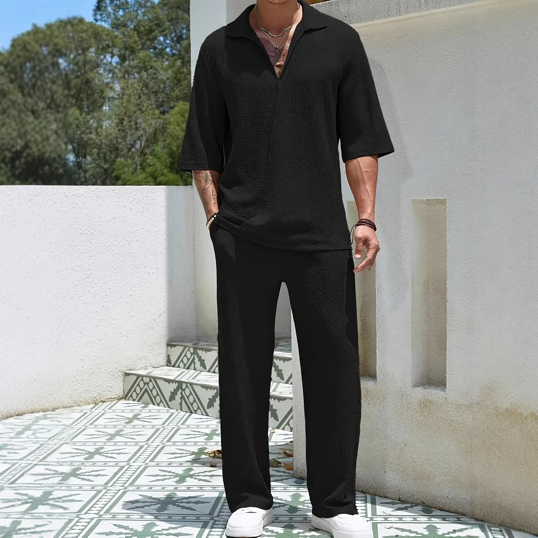 Un conjunto de dos piezas de media manga y pantalones largos de Color sólido para la nueva camisa informal de primavera para hombres en Europa y América