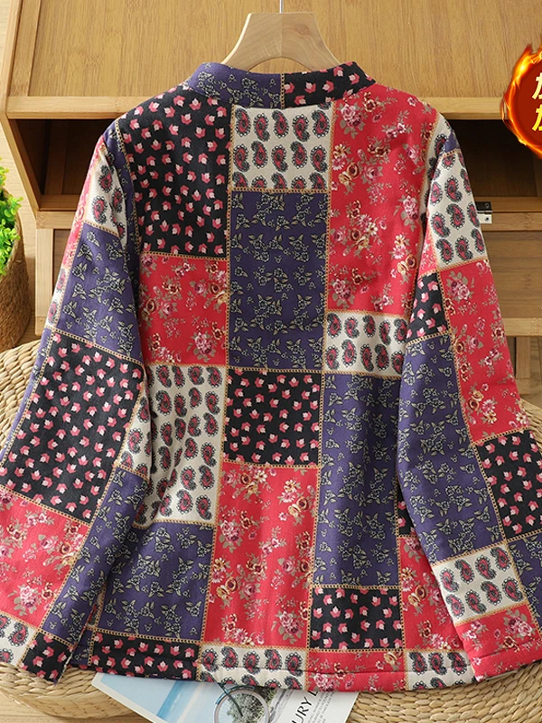 Retro Floral Print Chinese Sle Cotton Jaet Women's Winter Coat Button Stand Collar Patchwork Long Sve Thiened Outerwear