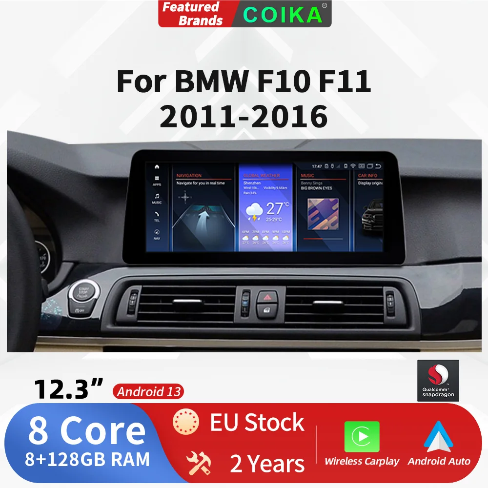 12.3 Full Screen 1920*720 Wireless Carplay For BMW F10 F11 2011-2016 Android Auto WIFI Navigation GPS 4G Touch Function EU Stock