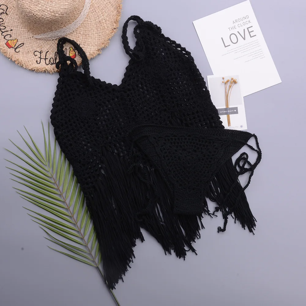 2025 Sexy Crochet Bikini Set Handmade Beach Swimwear Boho Lace-Up Two Piece with Cutout Design Solid Hollow Out Swimsuit Female