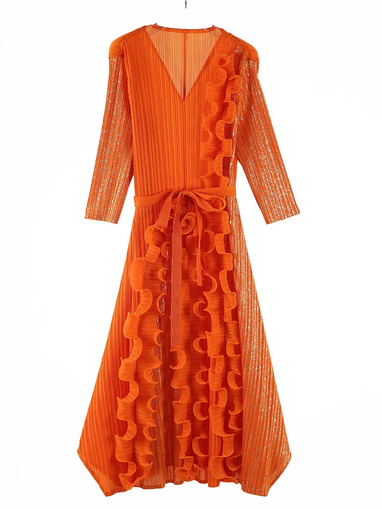 プリーツオーラエンボスVネックレディースドレス,シック,フリルトリム,ウエスト,ルーズ,ミヤケ服,春,新しいコレクション,2022