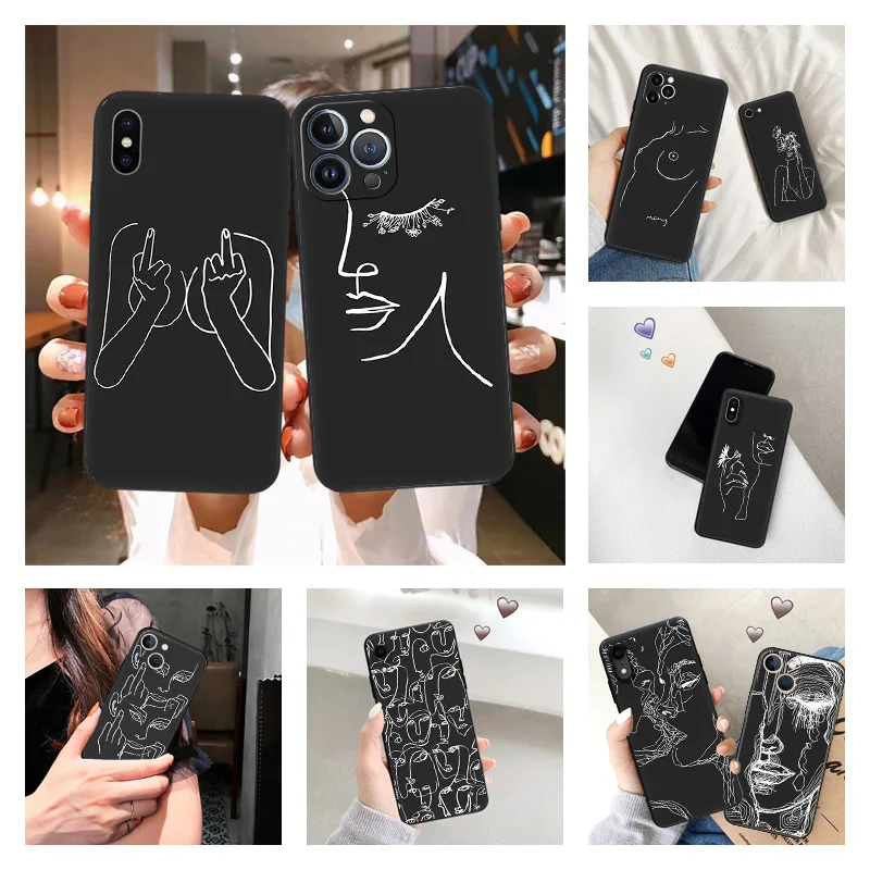 Black Matte Phone Case for iphone 16Pro 15 14 13 1211 16 Pro Max 7 8 Plus X XS XR Abstract line Art Girl Kiss Flower Soft Cover