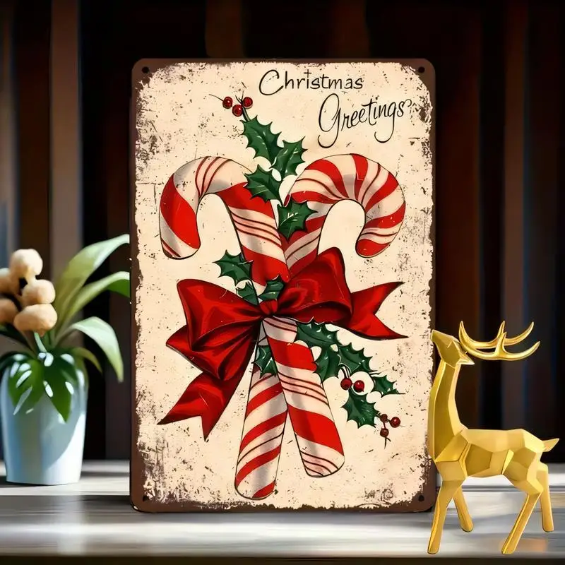 Retro Distressed Christmas Greetings Metal Tin Sign - Candy Canes, Holly & Red Bow Design, Iron Wall Art for Home/Office/Christm
