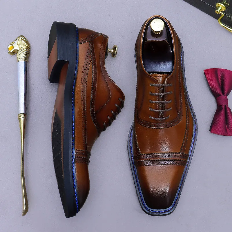 Classic Brown Leather Cap Toe Brogue Oxford Shoes Men Blue Welt Stitching Formal Dress Shoes for Business Wedding Special Events