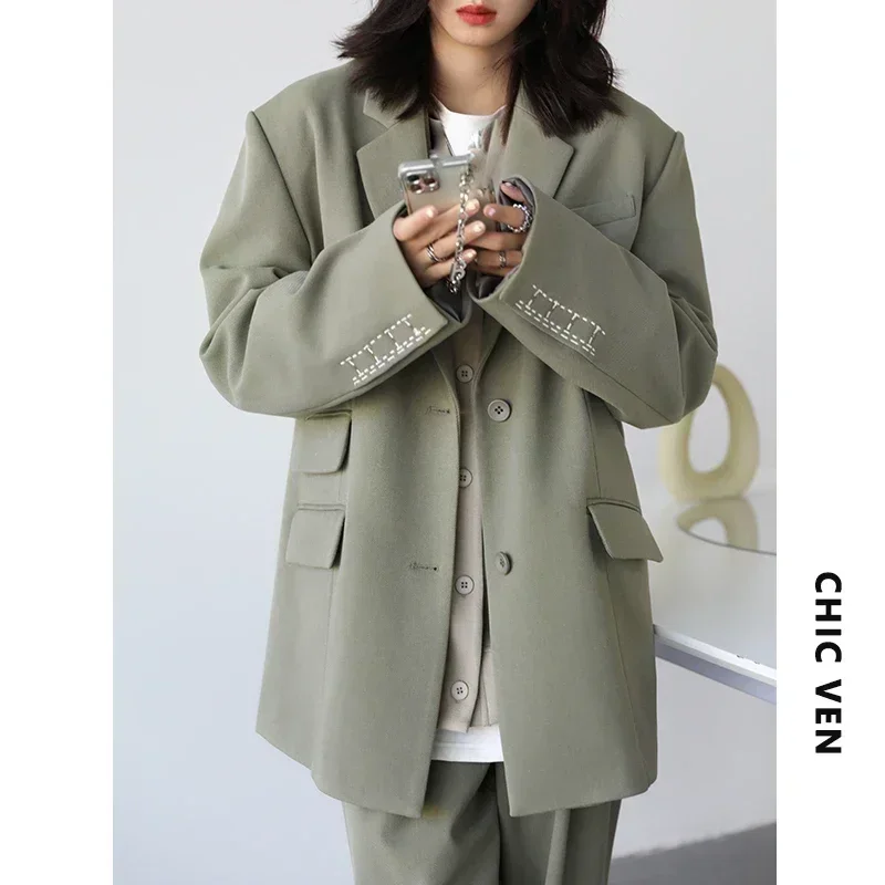 CHICVEN Women Office Lady Blazer Cuff Embroidery Wide Shoulder Twill Suit Women\'s Autumn Ladies Outerwear Stylish Tops