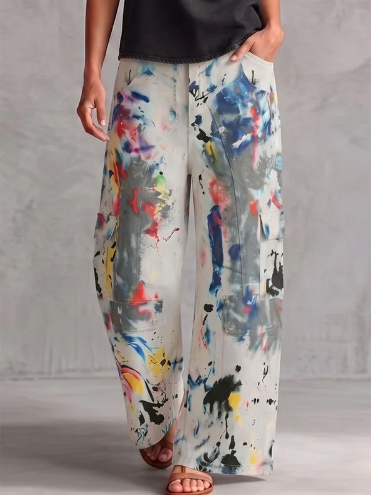 Yeezzi Women Colorful Contrast Color Printed Wide Leg Cargo Pants High Waist Multi Pockets Straight Casual Streetwear Trousers