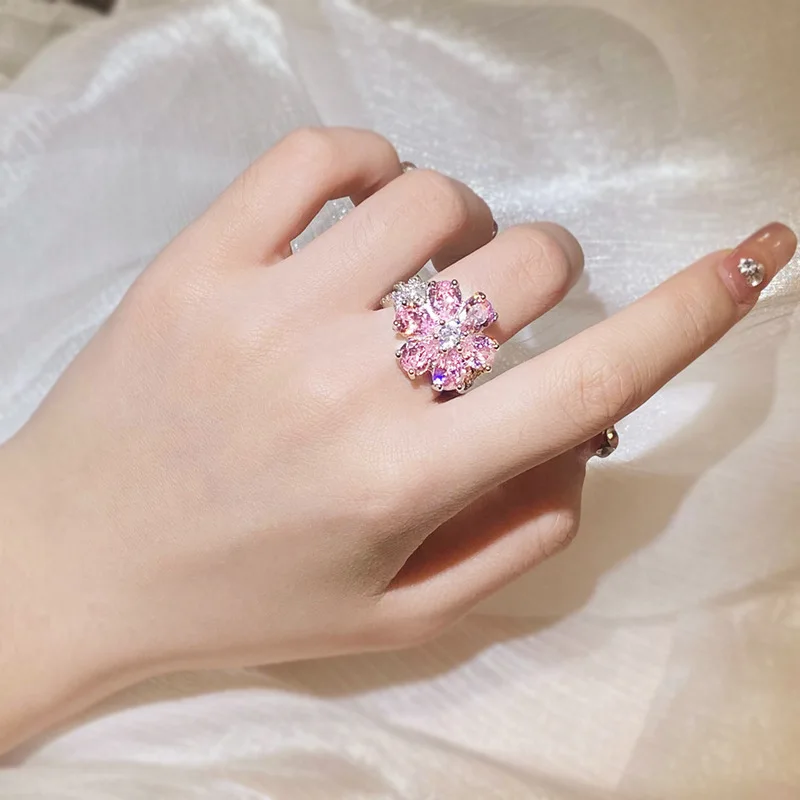 Sweet Pink Flower Rhinestone Ring Women Wedding Eternal Love Romantic Sakura Pink Hand Jewelry Stainless Steel Ring Wholesale