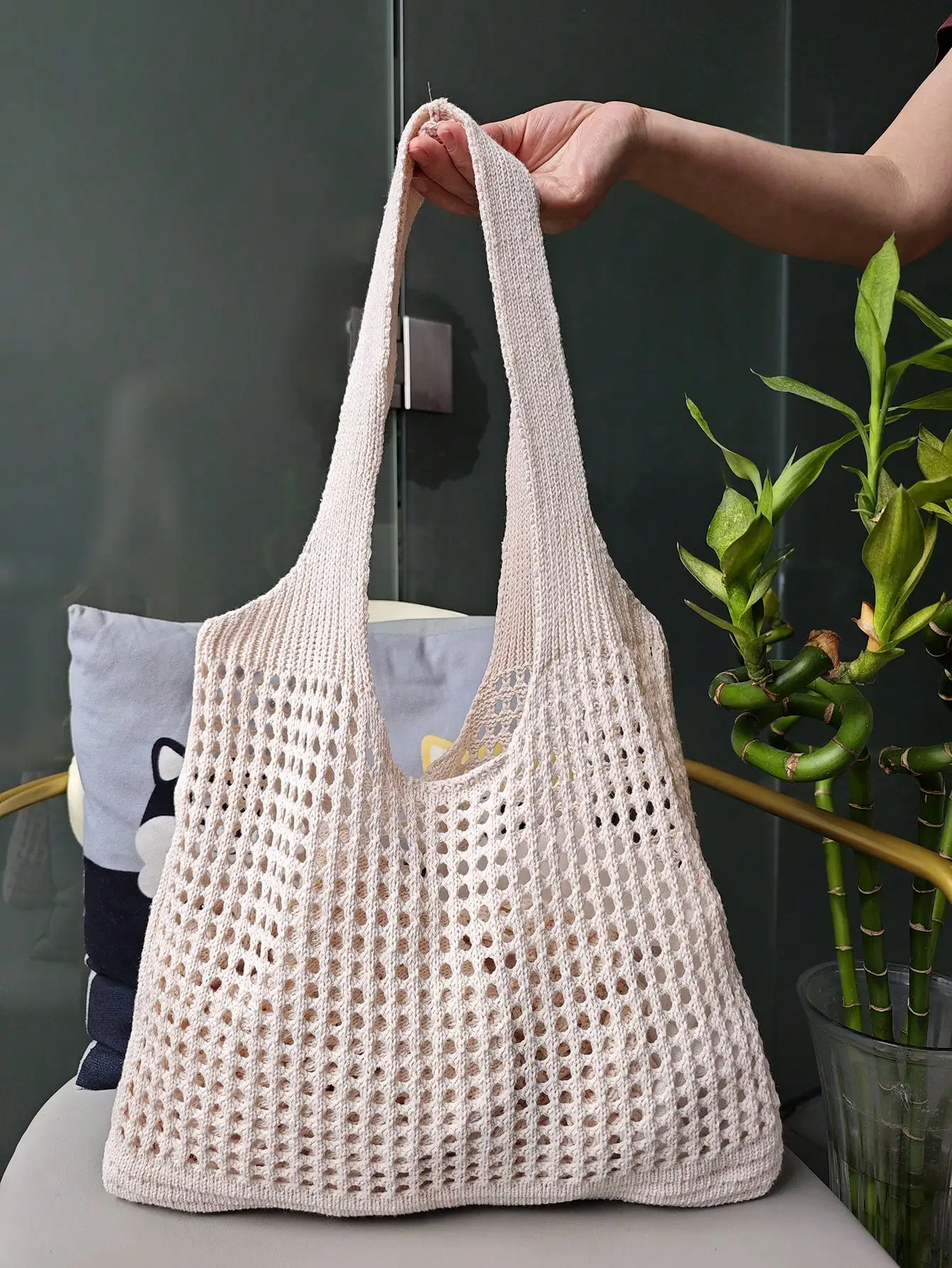 

Женская вязаная сетчатая сумка-тоут, вместительная сумка через плечо для летнего пляжа или повседневного использования