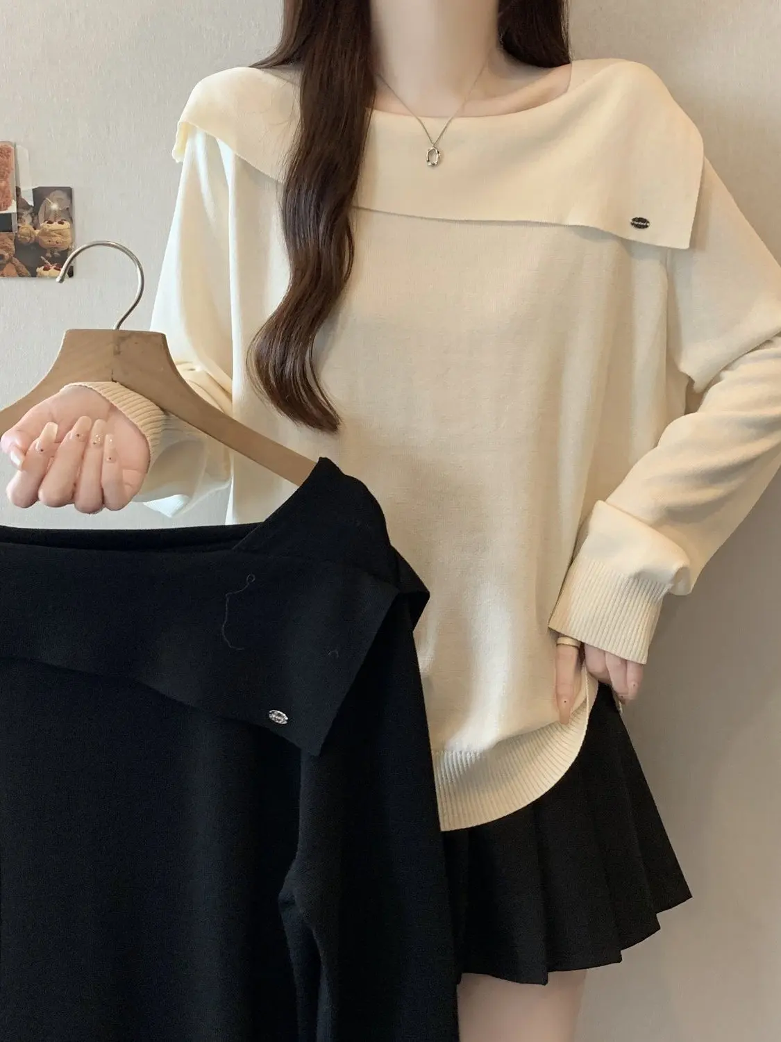 سترة نسائية محبوكة بمقاس كبير فضفاضة وياقة مربعة للتخسيس طويلة Sve للخريف والشتاء أنيقة كورية مريحة...