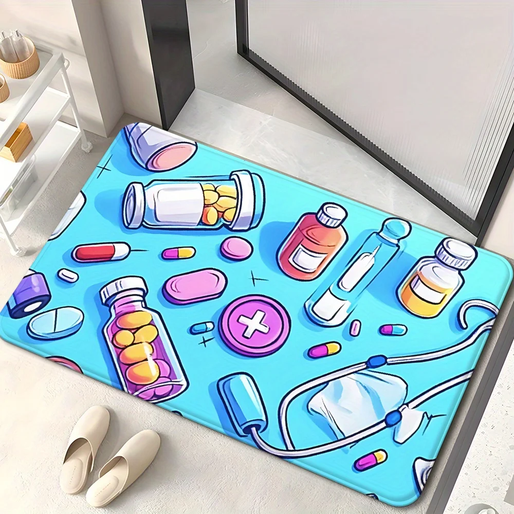 Cartoon Medical Doormat, Cute Pills Pattern Floor Rug, Non-Slip Welcome Mat for Clinic Entryway Home Decor Gift
