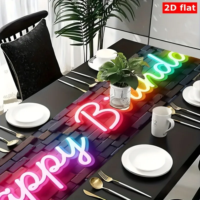 VIKAMA Neon Pink Happy Birthday Table Runner, Light Sign Rectangular Dining Table Cover for Birthday Party Home Decor