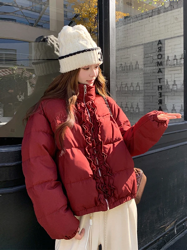 레드 플래드 또는 퍼퍼 재킷 여성용 스탠드 칼라 따뜻한 겨울 외투 2025년 신상 캐주얼 레귤러 핏 롱 슬리브