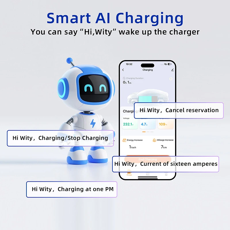 محطة شحن WityPower EV للسيارات Type2 سريعة التيار المتناوب 32A 7KW 22KW شاحن السيارة الكهربائية IEC62196 التحكم الصوتي EVSE صندوق الحائط