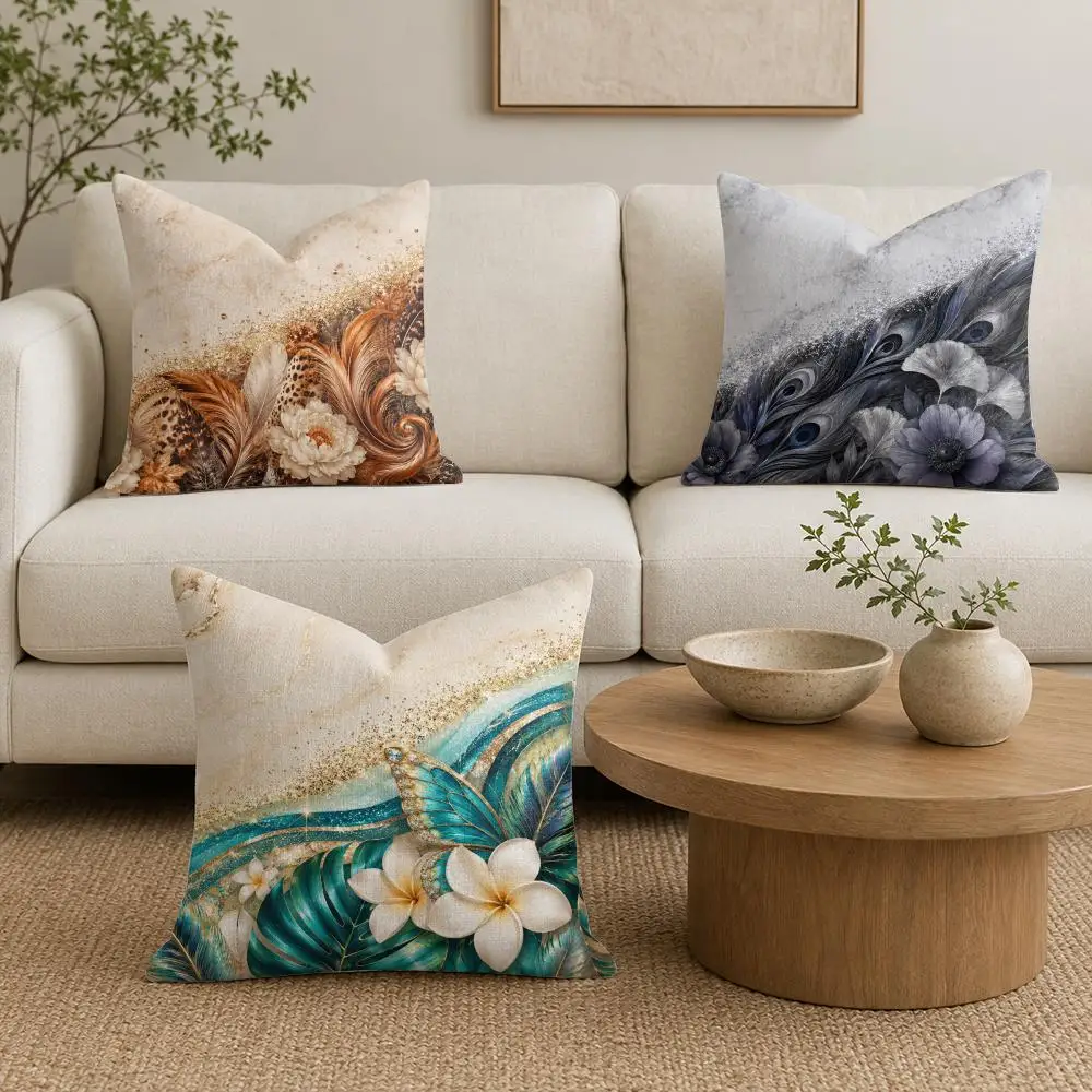 Marble Feather Art Cushion Cover Summer Linen Pillow Case Organic Fabric Cushion Cover Double-Sided Print Sofa Home Decor