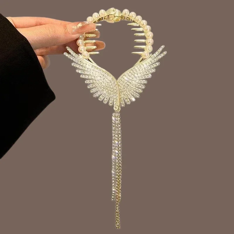 New Angel Wings Hair Bun Hair Clips Women Girls Rhinestone Tassel Ponytail Button Hairpin Golden Fashion Accessories